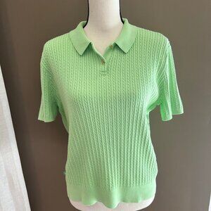 Lime Green Women's LRL Old Money Cable Knit Polo Short Sleeve Sweater, Size XL
